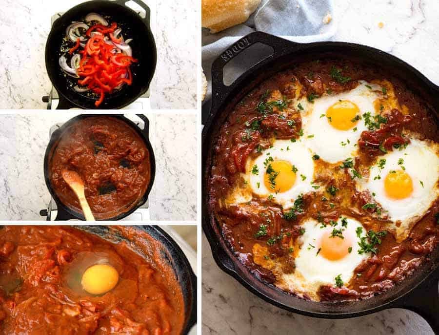 Preparación de Shakshuka, huevos de horno en el Medio Oriente