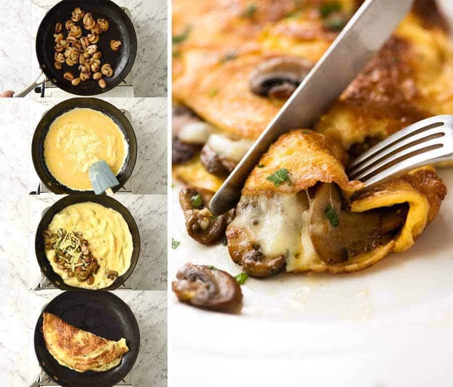 Pasos de preparación para una tortilla con champiñones de ajo