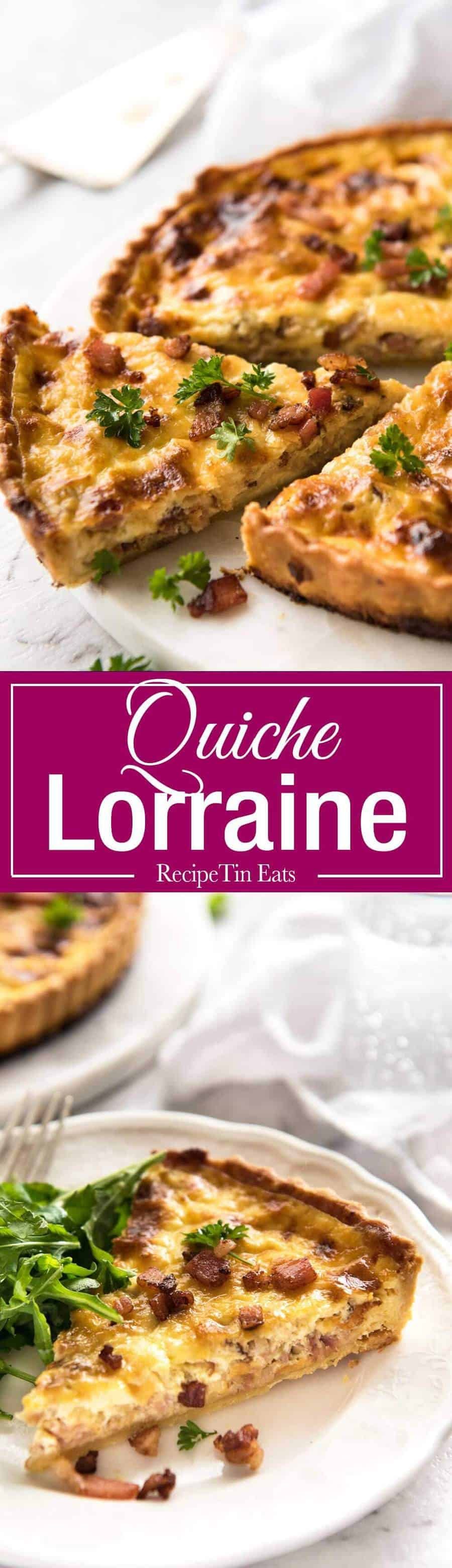 Quiche Lorraine fácil: un hermoso relleno de natillas, cremoso y esponjoso. ¡Esta es la MEJOR receta fácil de Quiche Lorraine que jamás hayas probado! www.recipetineats.com