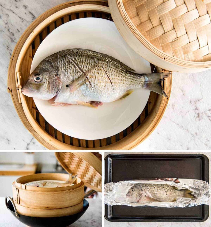 Un pescado al vapor chino amueblado con jengibre y chalotes y condimentos, con aceite caliente vertido para crear un chisporroteo espectacular y una salsa increíble. Tan simple, pero tan delicioso. ¡Vapor o hornee el pescado! Repenetineats.com