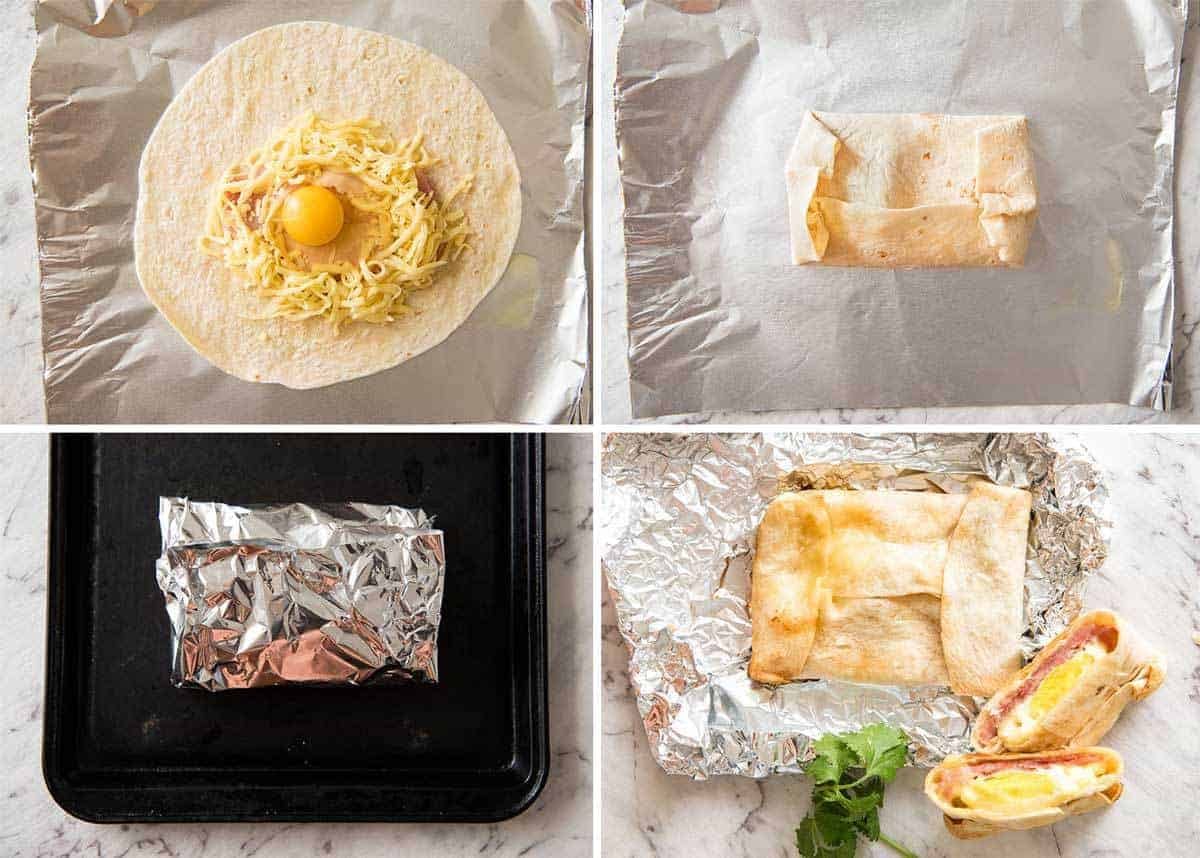 Pasos de preparación para bolsillos de jamón, huevo y queso calientes con tortillas.