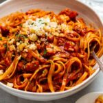 Bowl of Calabrian fish ragu pasta ready to be eaten