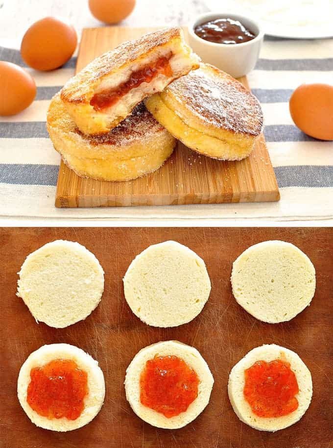 Un montón de mermelada de tostadas francesas y mostrando mermelada en pan