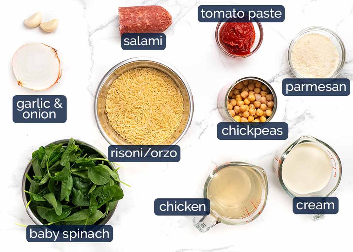 Una sartén Risteri de tomate cremoso de pollo con ingredientes nítidos de salami (orzo)