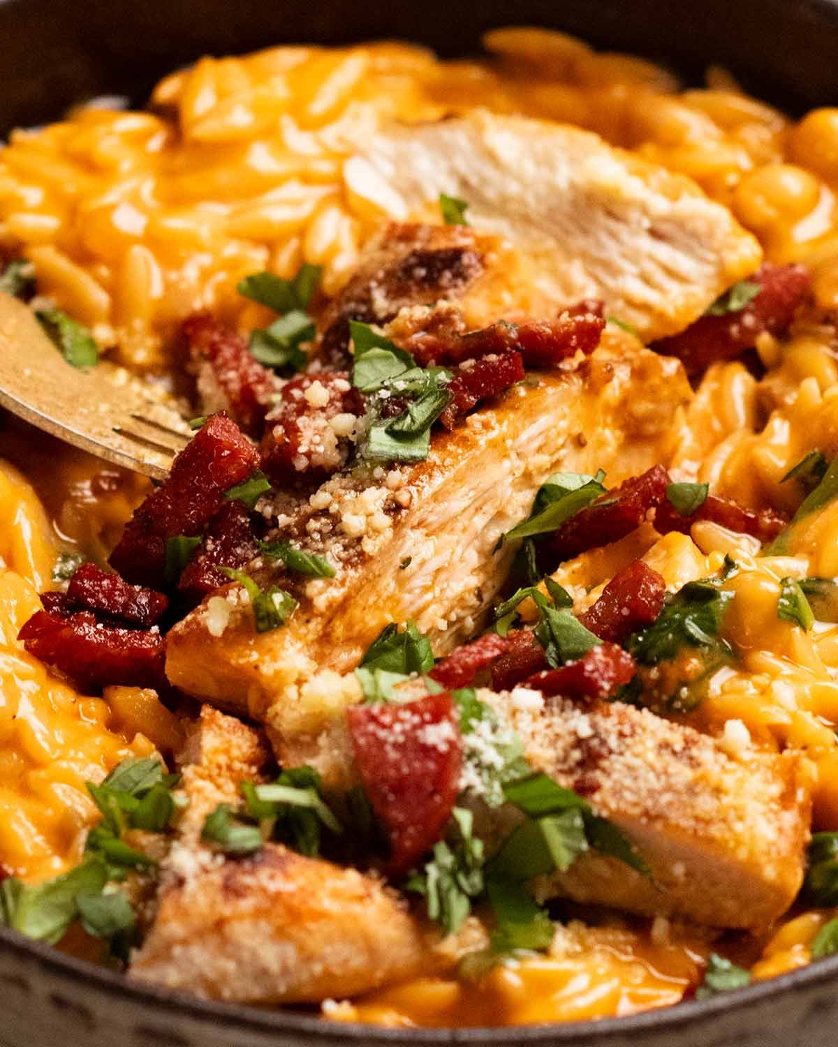 One Pan Chicken Tomato cremoso Risoni con salami crujiente (Orzo)