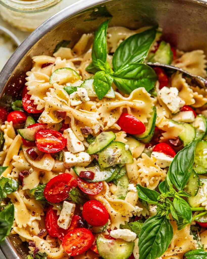 Big, easy pasta salad close up photo