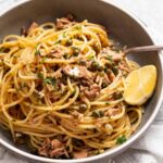 Canned tuna pasta in a bowl read to be eaten