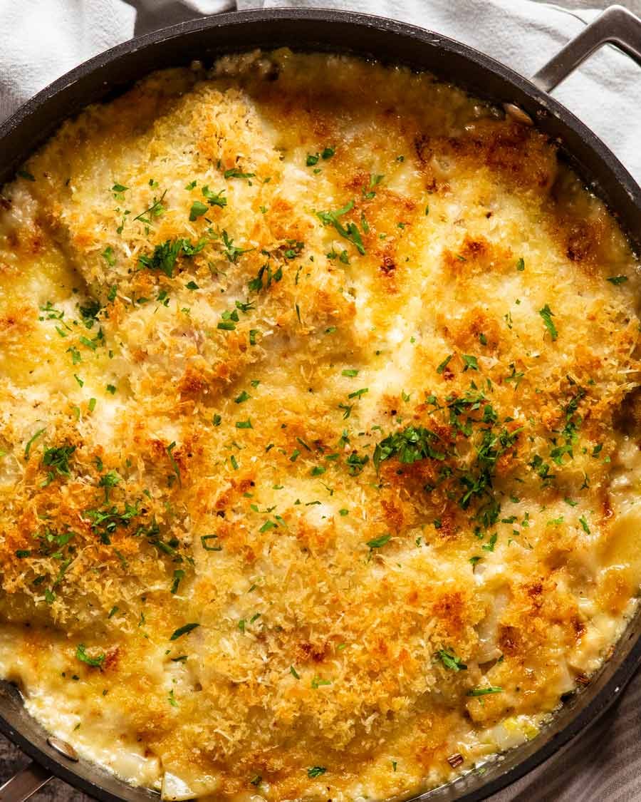 Pescado cremoso en el horno gratin de papa fresca